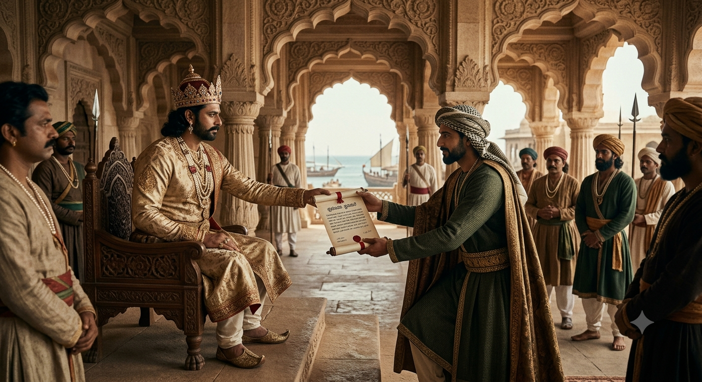 Royal court scene with sovereign submission and verification of imperial land sanads