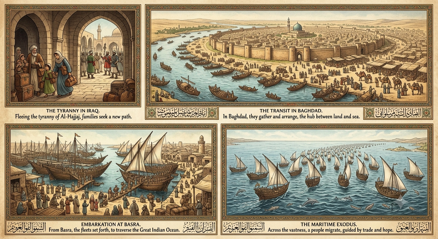 Four panel chronicle mapping the historical trajectory of the family migration